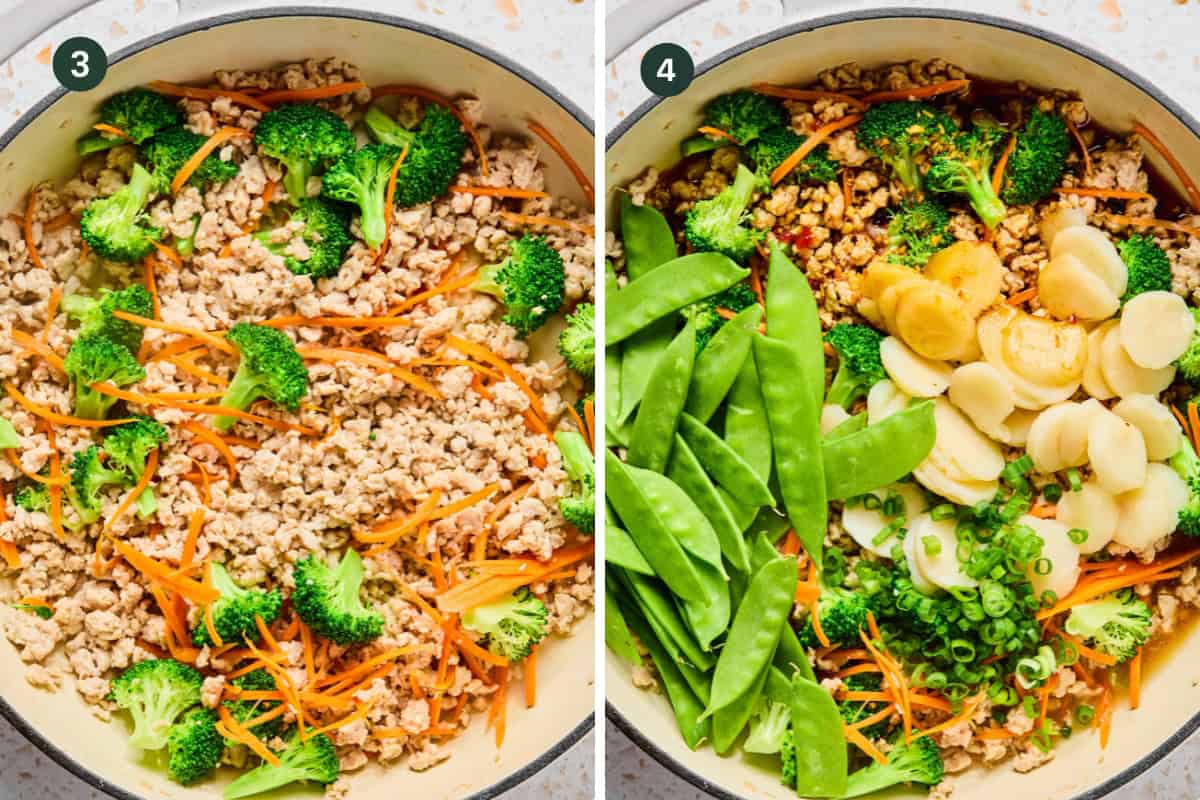 Side-by-side images of a pan with Ground Chicken Stir Fry. Left: cooked ground meat, shredded carrots, and broccoli. Right: snow peas, sliced water chestnuts, green onions added to the mix. Both images are numbered 3 and 4.