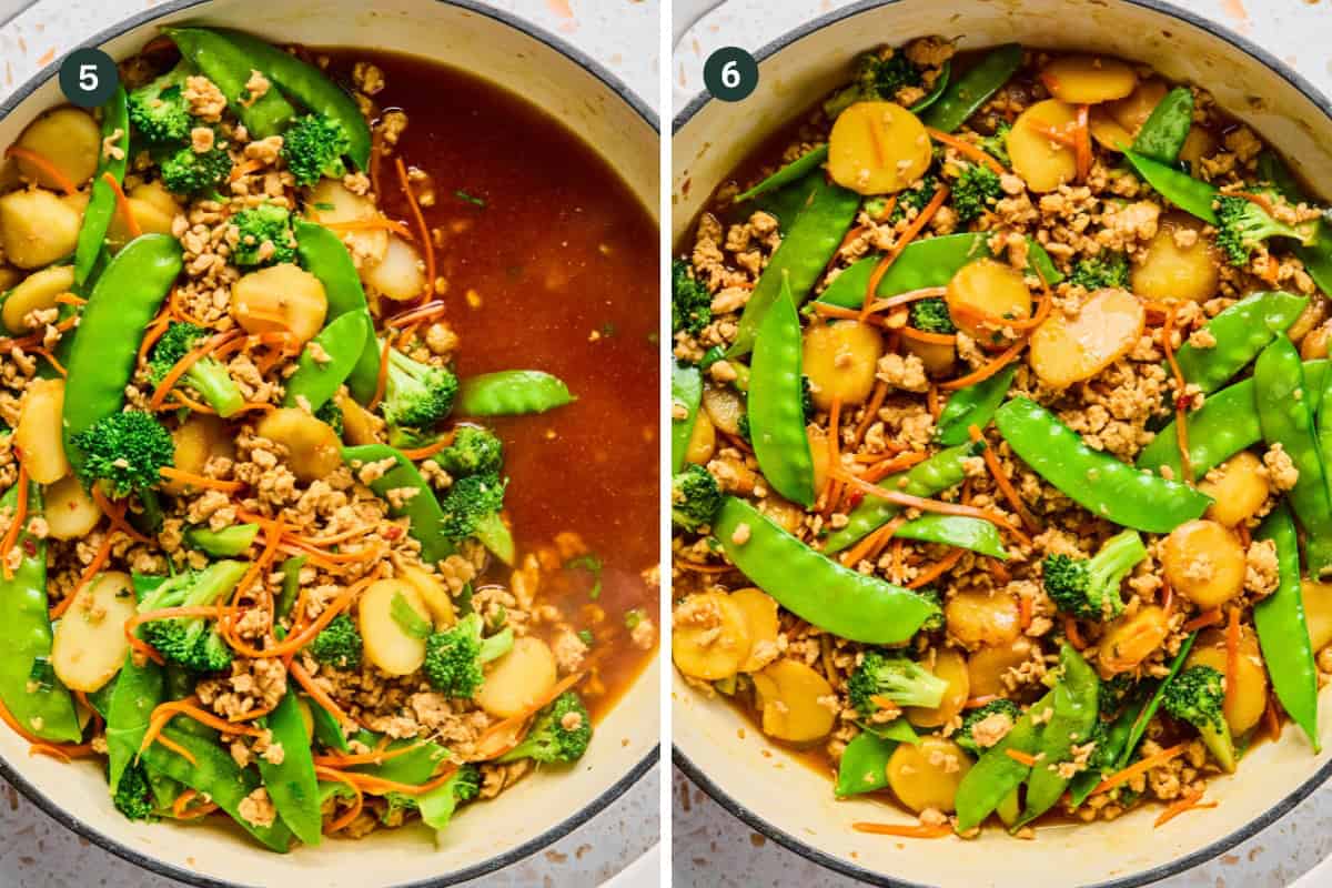Side-by-side images of a Ground Chicken Stir Fry in a pot. The left shows veggies and sauce before mixing, while the right shows them well mixed. Ingredients include snow peas, broccoli, carrots, water chestnuts, and ground meat.