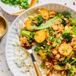 A white plate with white rice and Ground Chicken Stir Fry, featuring broccoli, water chestnuts, carrots, and snap peas. A fork rests on the plate. Diced green onions and sesame seeds are in small bowls nearby.