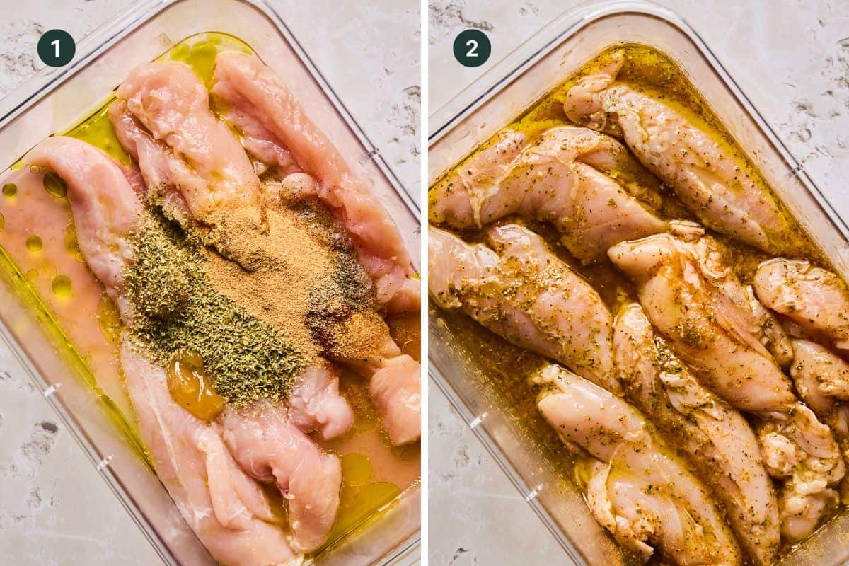 Image showing two steps of marinating chicken. On the left, raw chicken breasts sit in a dish with olive oil and spices, perfect companions for a Mediterranean chopped salad. On the right, the chicken is fully coated in the marinade, ready for cooking.