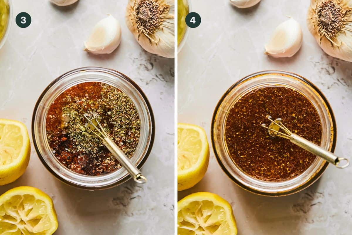 Side-by-side images of a jar. On the left, the jar contains spices and herbs reminiscent of a Mediterranean chopped salad with a whisk. On the right, the mixture is blended into a smooth, dark brown sauce. Garlic cloves and halved lemons surround both jars on a marble surface.
