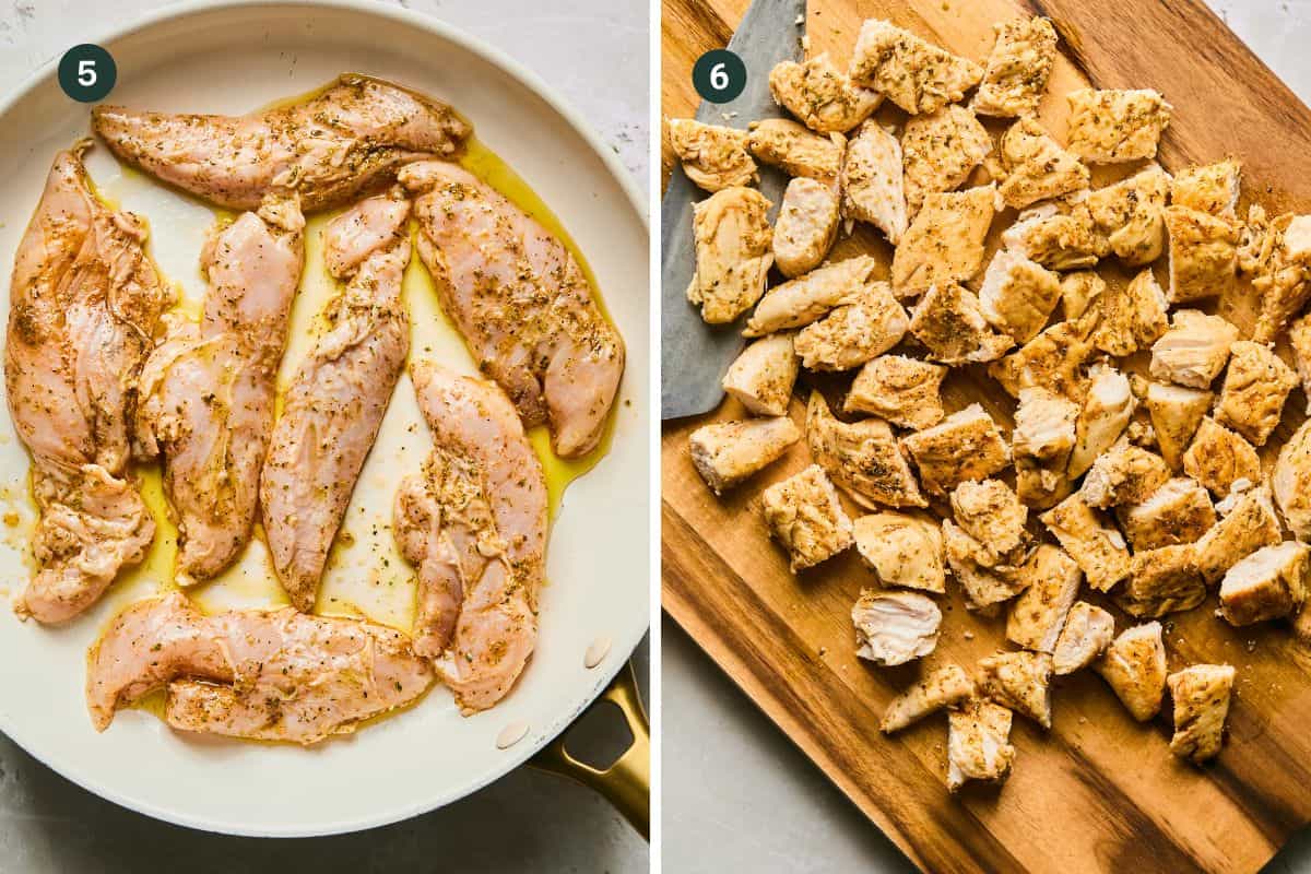 The left image shows raw, seasoned chicken breasts in a frying pan. The right image features the cooked chicken, diced into small pieces on a wooden cutting board, ready to be tossed into a refreshing Mediterranean chopped salad.