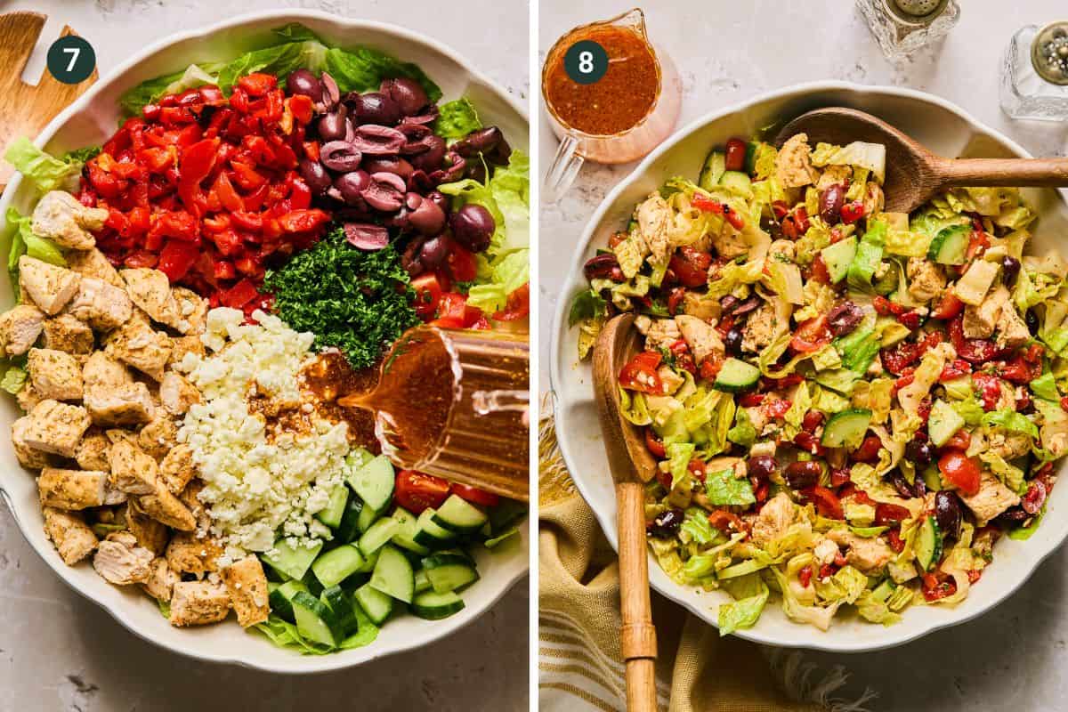 Two images of a Mediterranean chopped salad: The first displays ingredients like grilled chicken, tomatoes, olives, cucumbers, feta cheese, parsleyโand dressing being poured. The second image reveals the vibrant salad mixed. A wooden spoon and fork lie gracefully on the side.