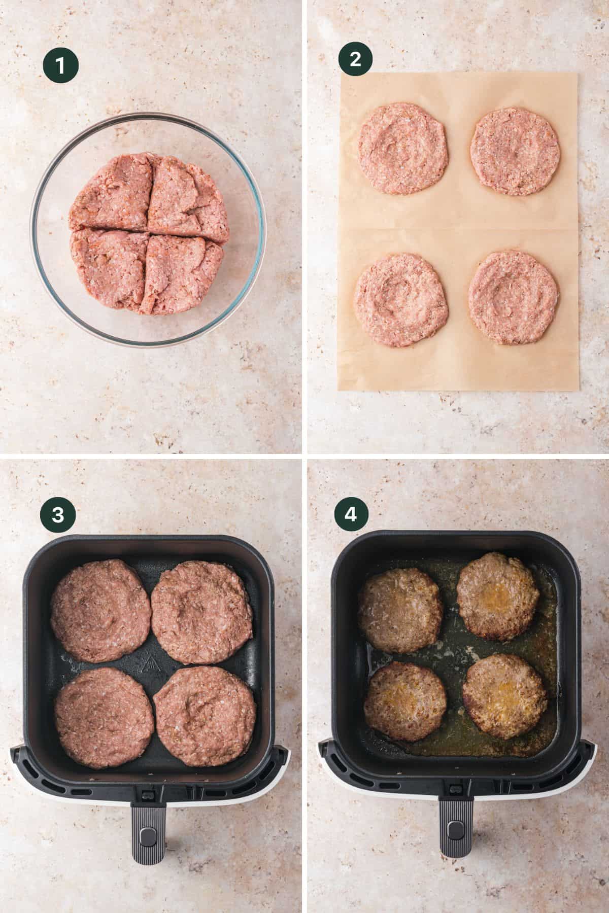 Step-by-step images show ground meat divided in a bowl, shaped into four patties, and placed in an air fryer to make delicious air fryer turkey burgers with a perfectly browned, crispy surface.
