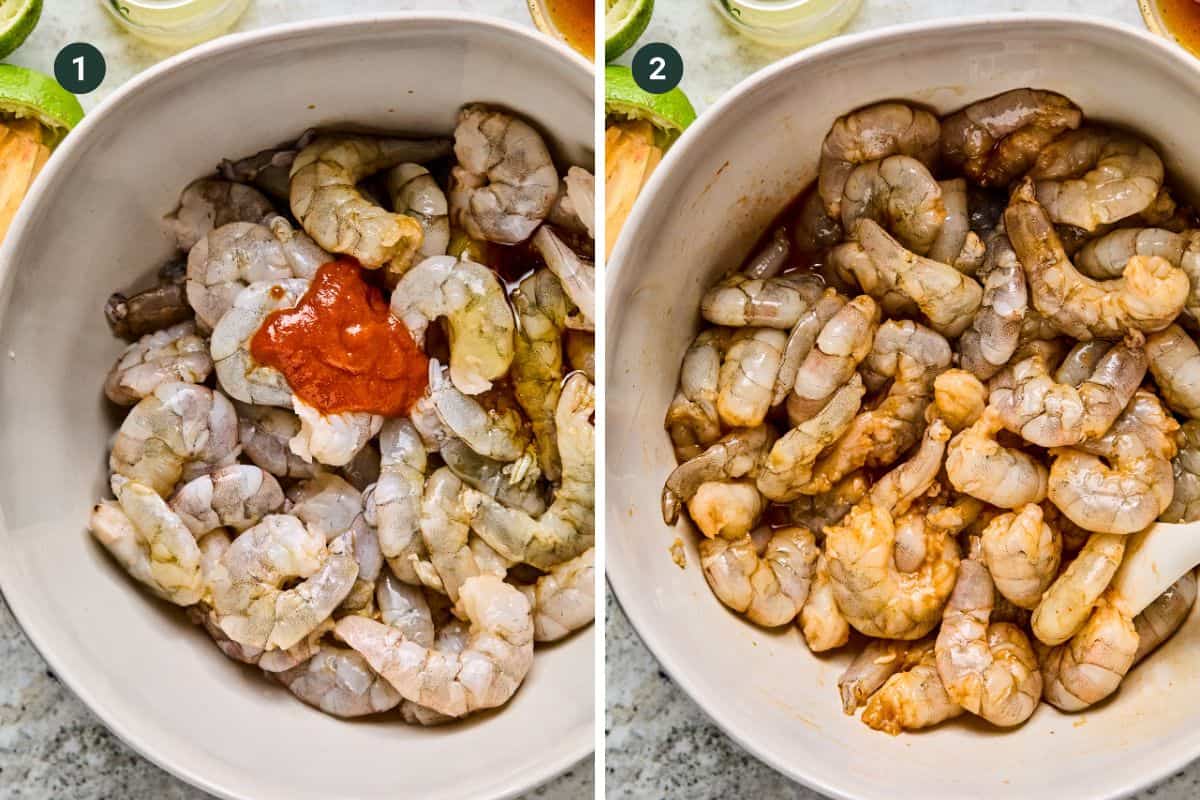 Split image showing two bowls of raw shrimp: the left features shrimp with a dollop of red sauce, while the right shows the shrimp mixed with marinade—perfect prep for flavorful BBQ prawn skewers.