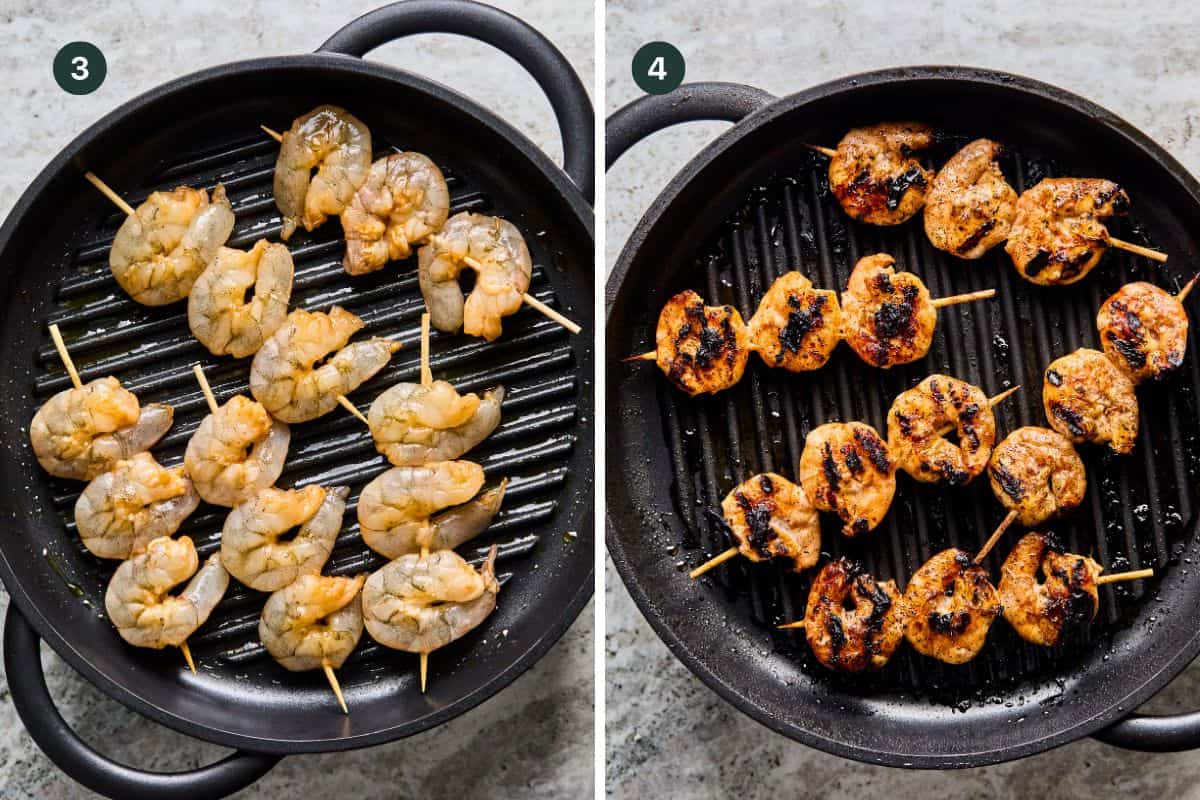 Two side-by-side images show BBQ Prawn Skewers on a grill pan: the left features raw marinated shrimp, while the right displays them cooked with charred grill marks. Numbers 3 and 4 are visible in the corners.
