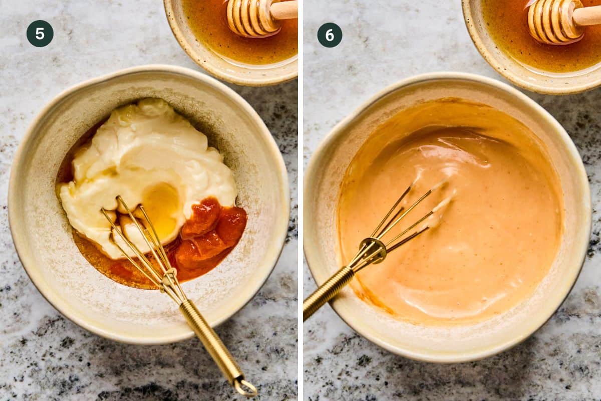 Two side-by-side images: on the left, a bowl with yogurt, honey, applesauce, and cinnamon before mixing; on the right, the same bowl blended into a smooth mixture—perfect as a dip or sauce for BBQ prawn skewers. A whisk is in both bowls.