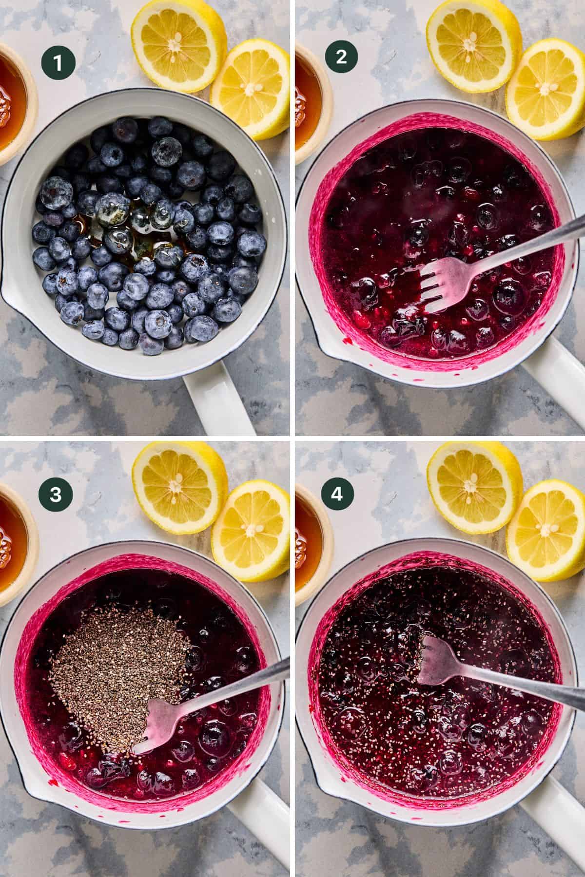 Experience the delightful process of making blueberry chia jam. Image 1: A pot of blueberries sweetened with honey, ready to transform your blueberry overnight oats. Image 2: Berries mashed with a fork. Image 3: Chia seeds added, perfect for oats. Image 4: Mixed jam, enhanced by lemon and honey in each frame.