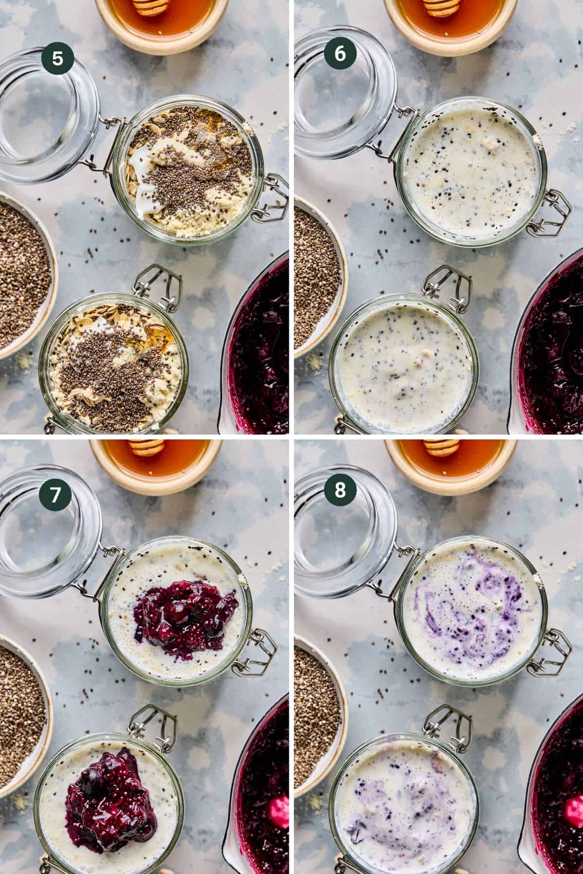 Four images detail the preparation of blueberry overnight oats, illustrating each step: adding oats, chia seeds, and fresh berries into a jar. Stages 5 to 8 showcase the transformation from just mixed ingredients to fully blended with vibrant blueberries.