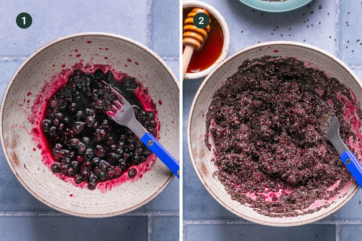 Two images show a bowl with ingredients. Image 1: A fork mashing blackberries in a bowl, hinting at a delicious mix for blueberry overnight oats. Image 2: The mashed blackberries are combined with chia seeds. A honey dipper and a small plate are partially visible.