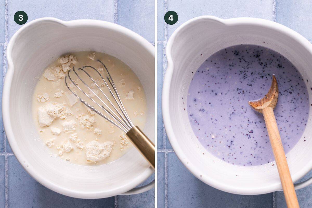 Two images side by side show a white mixing bowl. The first has flour and liquid with a whisk. The second reveals a vibrant blueberry overnight oats mixture, purple with seeds, stirred with a wooden spoon against a light blue tiled surface.