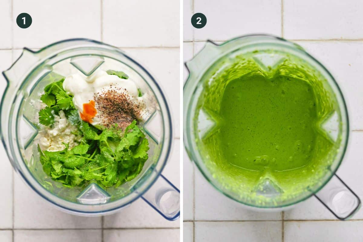 Two images side by side of a blender. Left: Ingredients like greens, yogurt, and spices before blending for a creamy cilantro dressing. Right: Resulting smooth, vibrant green mixture after blending. Both images are numbered.