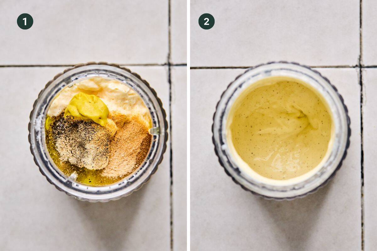 Side-by-side images: Left shows a jar with ingredients for Dill Pickle Chicken Saladโmayonnaise, mustard, spices, and seasonings. Right shows the smooth, creamy yellow mixture after blending. Both jars rest on a tiled surface.