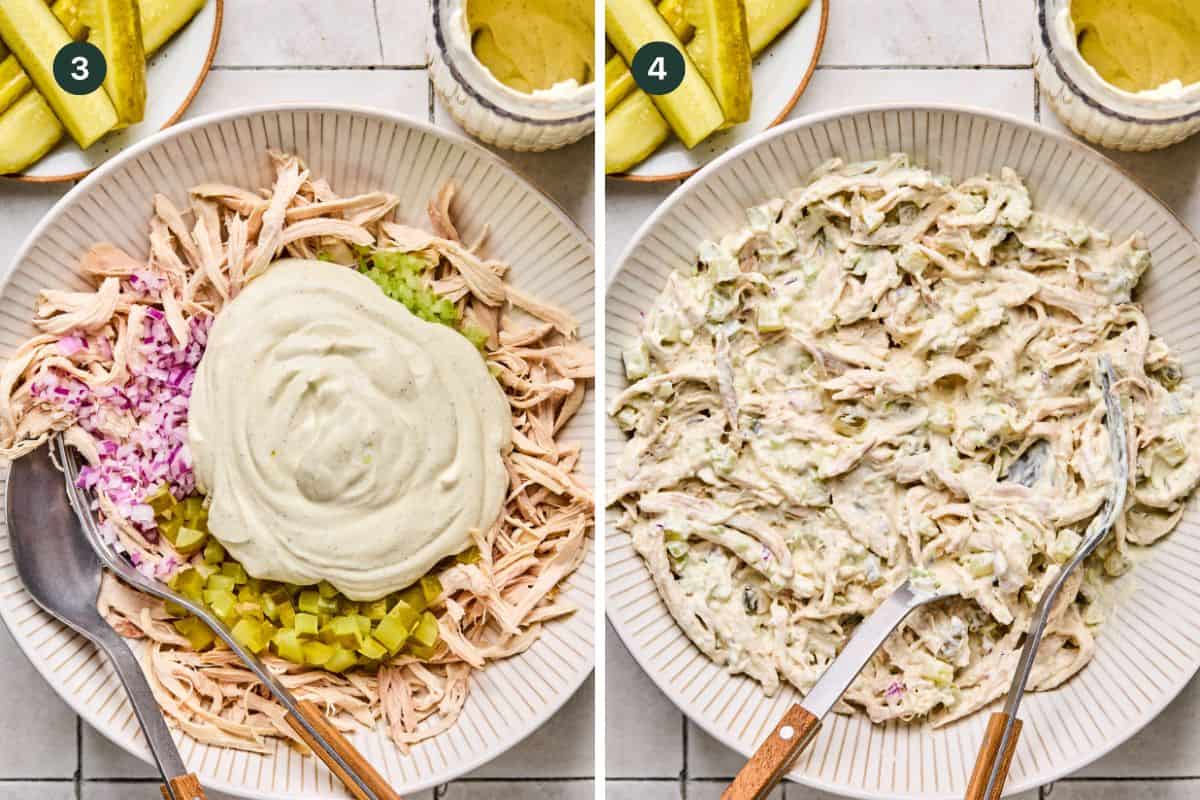 Split image featuring Dill Pickle Chicken Salad: a bowl with shredded chicken, chopped pickles, red onion, celery, and creamy dressing on the left; the tossed mixture on the right. Pickle spears and extra sauce sit above both bowls.