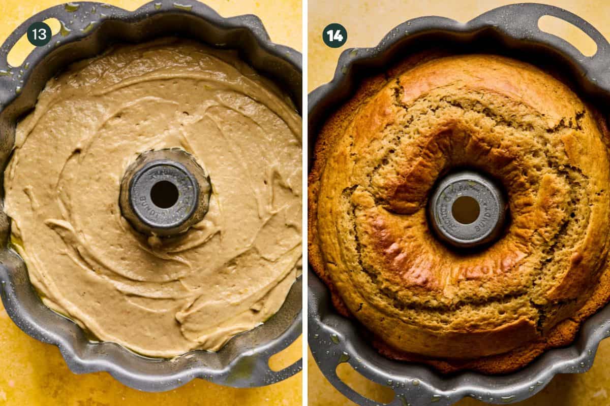 Split image: Left side shows a Bundt pan filled with smooth, unbaked lemony brown batter. Right side displays the same pan with a baked, golden-brown Lemon Bundt Cake, slightly risen with a darker crust at the edges.