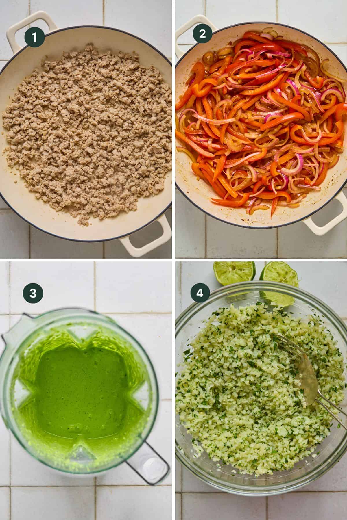 A delicious recipe for a taco bowl starts with cooked ground meat in a white pan. Sautéed red and orange bell peppers mingle with onions, while vibrant green sauce awaits in the blender. Finish by mixing cauliflower rice and herbs in a glass bowl, lime halves ready to squeeze.