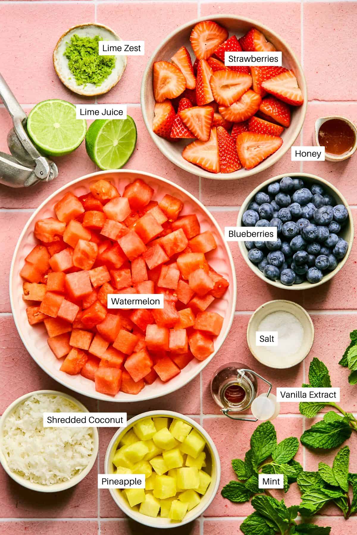 Bowls with labeled ingredients on a pink surface showcase a vibrant Watermelon Fruit Salad: diced watermelon, sliced strawberries, blueberries, pineapple chunks, shredded coconut, mint leaves, lime juice and zest, honey, vanilla extract, and salt.