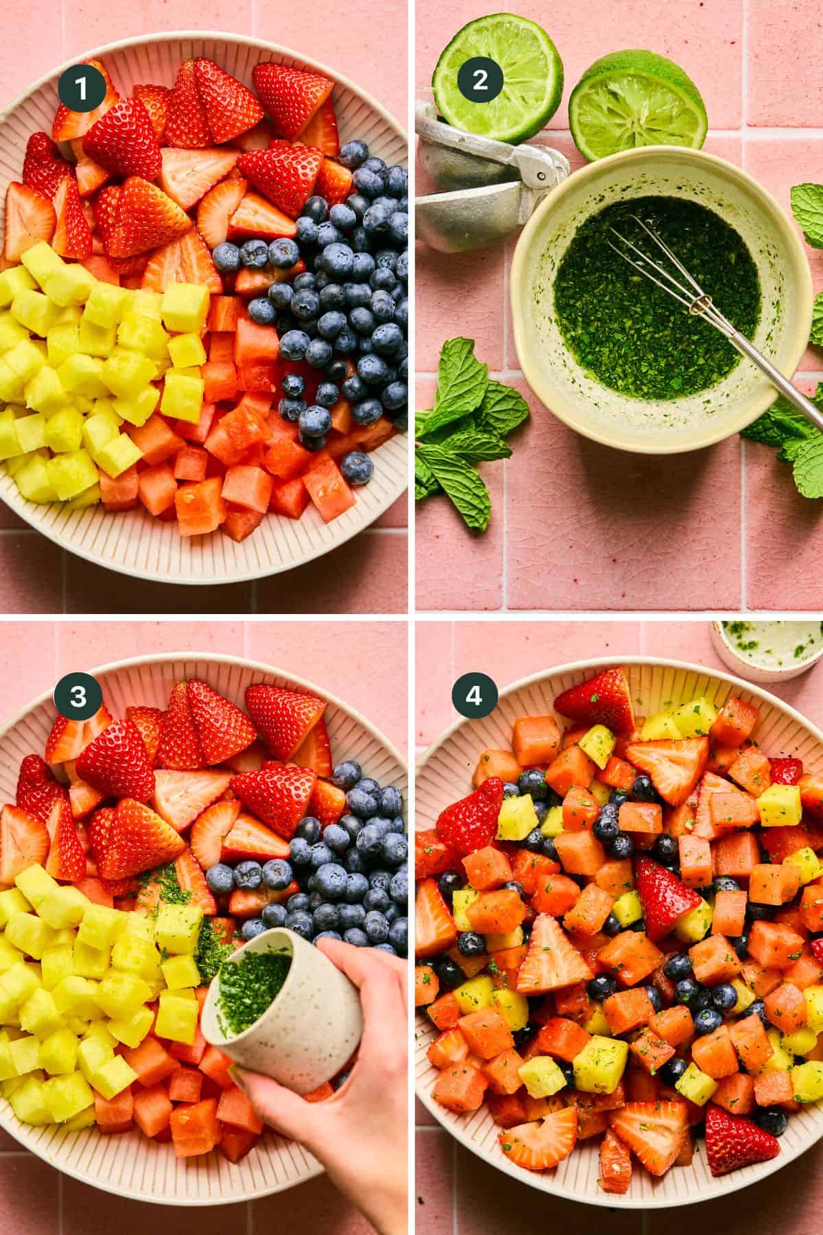 Four-step collage showing a Watermelon Fruit Salad. Step 1: Sliced strawberries, pineapple, watermelon, and blueberries on a plate. Step 2: Lime, mint, and green dressing in a bowl. Step 3: Dressing over fruit. Step 4: Mixed fruit salad.