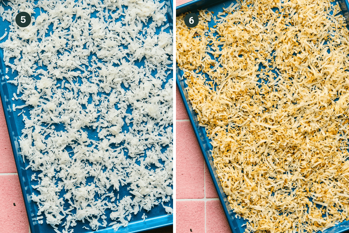 Side-by-side comparison of shredded coconut on a blue baking sheet: the left shows raw white coconut, and the right golden brown, toasted coconut. Both images are labeled with numbers 5 and 6, perfect for topping a refreshing Watermelon Fruit Salad.