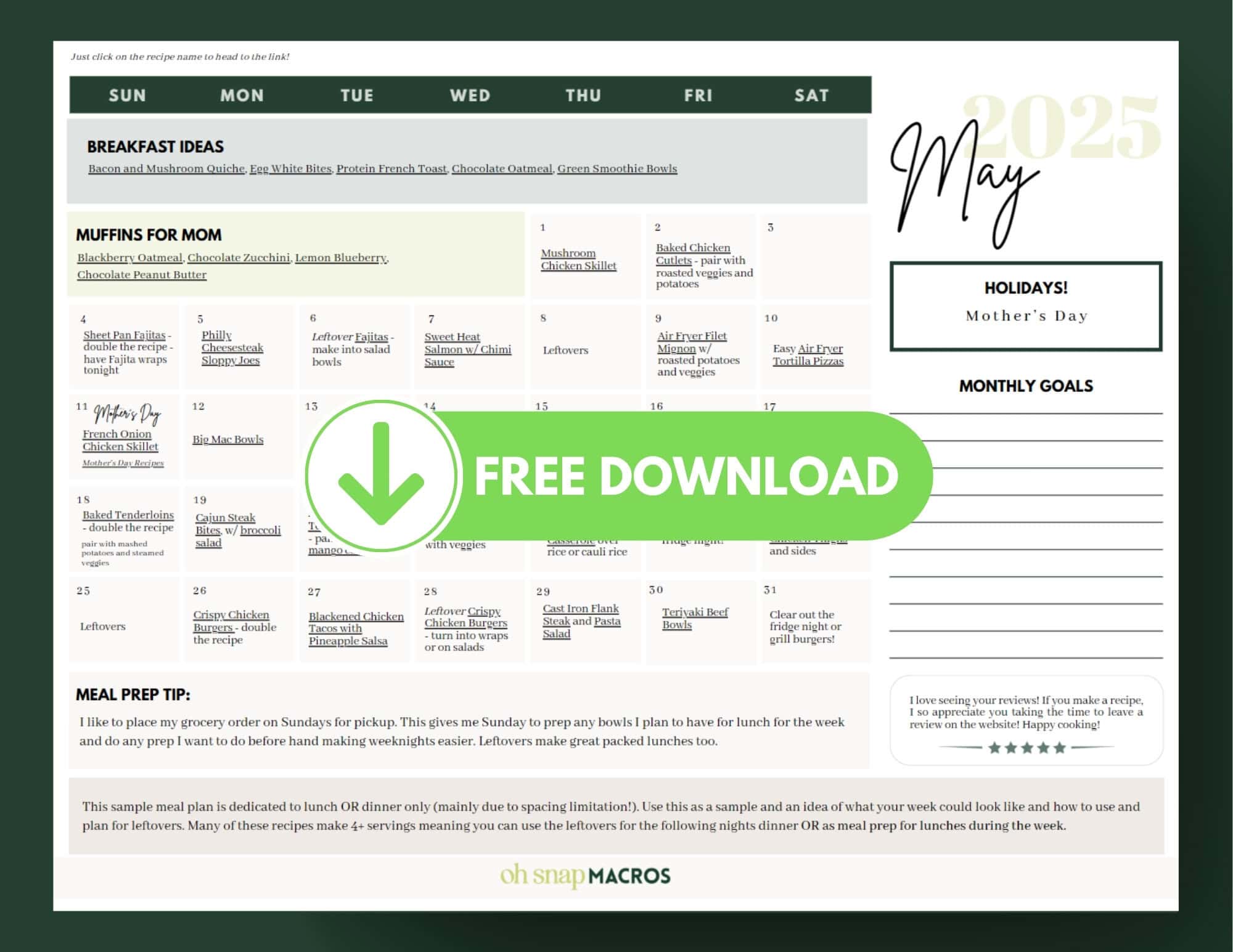 May 2025 meal plan calendar with breakfast ideas, a meal prep tip, and space for monthly goals. A large green Free Download button with a downward arrow overlays the calendar. oh snap MACROS logo at the bottom.