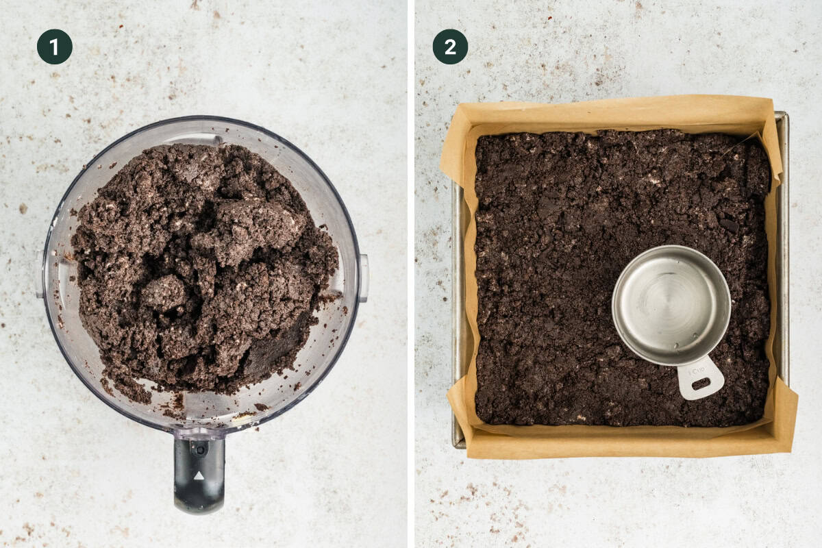 Step 1 shows a food processor blending ingredients into a dark, crumbly Berry Cake mixture. Step 2 shows this mixture being pressed into a parchment-lined square baking pan with a metal measuring cup.
