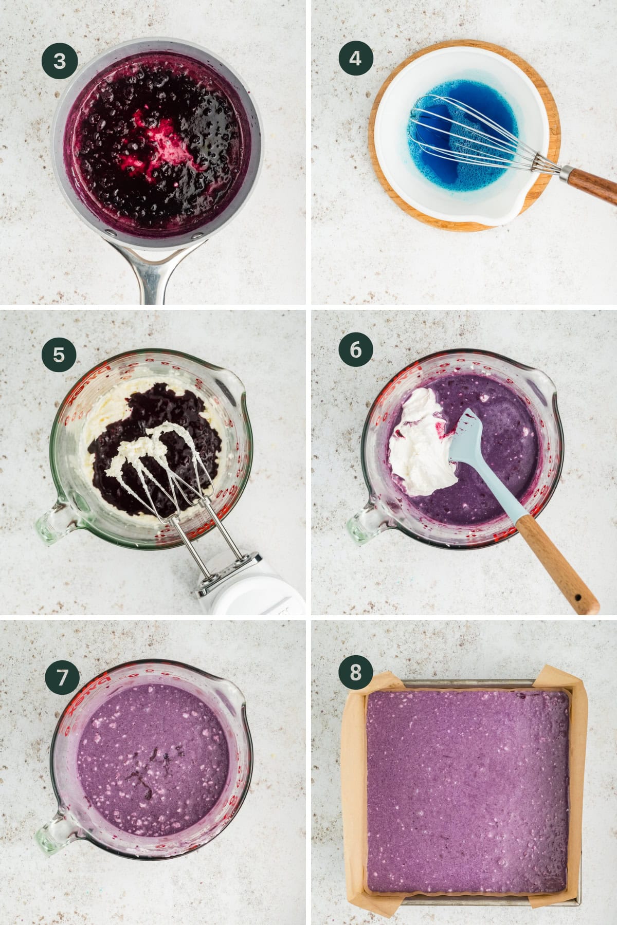Step-by-step collage showing the making of a Berry Cake: mixing a dark berry sauce, whisking blue liquid, combining cream and berry mix, blending until smooth, and spreading the vibrant purple batter in a baking pan.