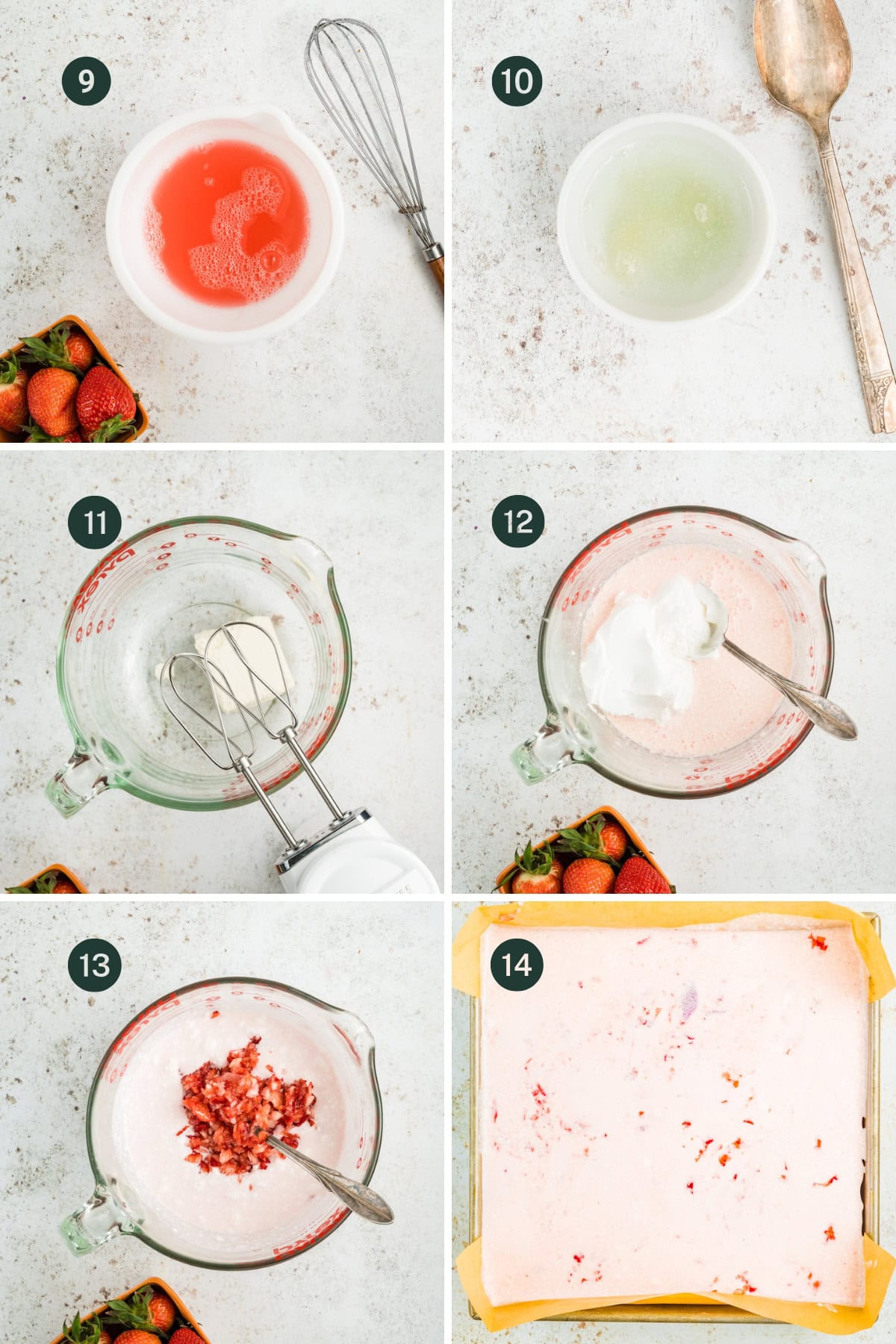 A six-step collage shows Berry Cake being made as strawberry mixture, whipped egg whites, and chopped strawberries are combined in a bowl, then spread into a parchment-lined pan, with a whisk, spoon, mixer, and fresh strawberries visible.