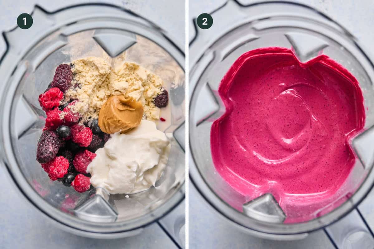 Side-by-side images of a blender: the left shows ingredients for a berry smoothie bowl—berries, protein powder, yogurt, and nut butter; the right reveals a smooth, bright pink mixture ready to enjoy.