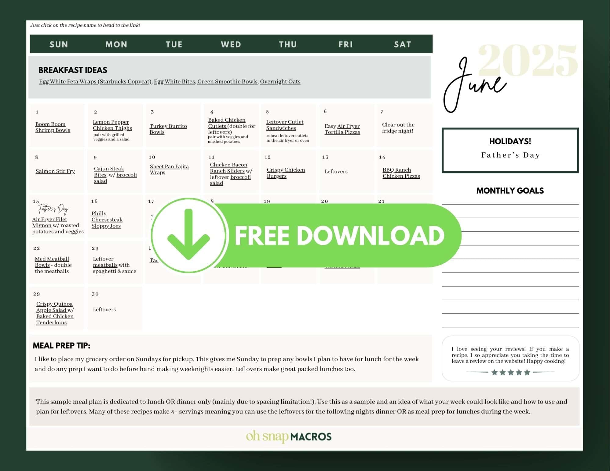 A June 2025 meal planner calendar with breakfast ideas, meal prep tips, space for monthly goals, and reminder of Father’s Day. A green “Free Download” button is centered over the planner.