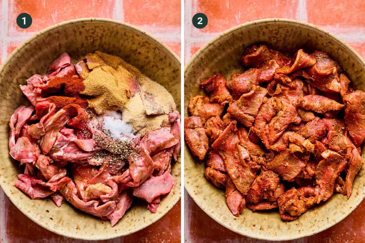 Side-by-side images: left, raw sliced beef for Philly cheesesteak bowls in a bowl topped with various spices; right, the beef mixed and evenly coated. Both bowls rest on a reddish tile surface, numbered 1 and 2.