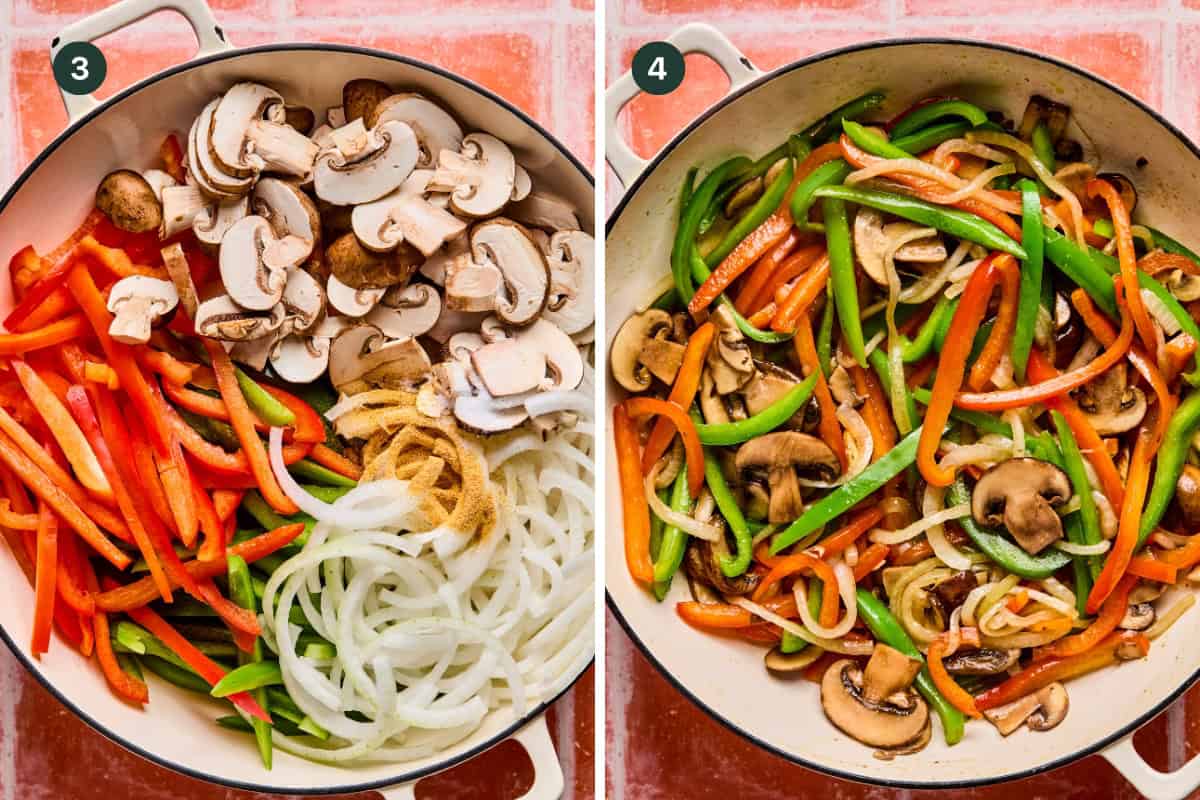 Side-by-side images show a white pot with sliced red peppers, green peppers, onions, mushrooms, and spices (left), and the same pot with veggies cooked for Philly cheesesteak bowls (right). Number labels โ3โ and โ4โ are in the top corners.
