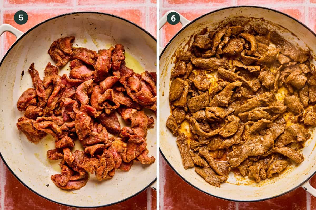 Side-by-side images of sliced beef cooking in a white pan for Philly cheesesteak bowls: on the left, raw seasoned beef; on the right, fully cooked and browned. Both pans sit on a red-tiled surface, labeled 5 and 6.