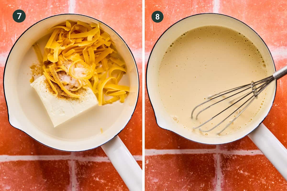 Side-by-side images of a white saucepan on a red tiled surface. The left shows cream cheese, shredded cheddar, and spices for Philly cheesesteak bowls. The right features the mixture whisked into a smooth, creamy sauce. Both are labeled 7 and 8.