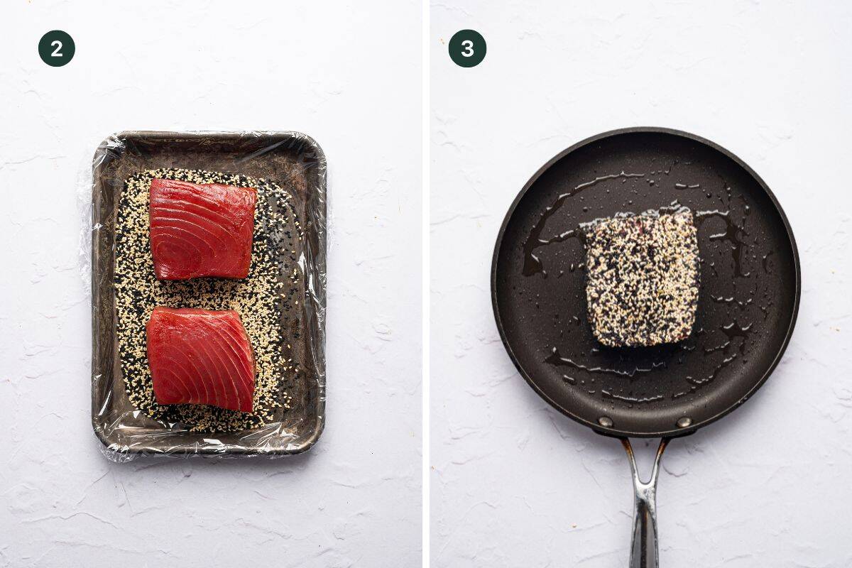 Left: Two raw tuna steaks coated in sesame seeds on a tray covered with plastic wrap. Right: A sesame-crusted tuna steak cooking in an oiled frying pan, similar to how baked chicken cutlets are prepared. Both images have numbers in green circles at the top.
