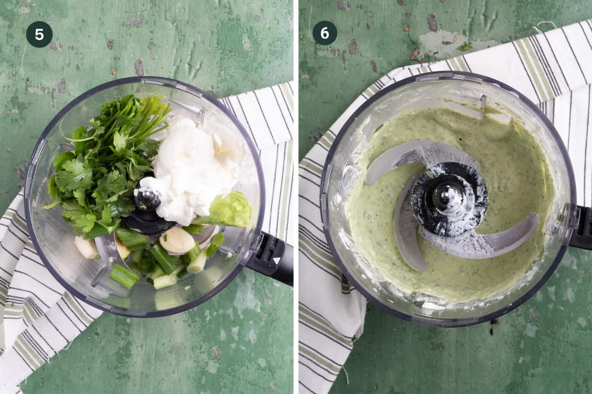 Side-by-side images of a food processor: the left shows cilantro, yogurt, garlic, scallions, and lime; the right shows these blended into a creamy green sauce—perfect for drizzling on a shrimp rice bowl. Both are on a green surface with a striped towel.