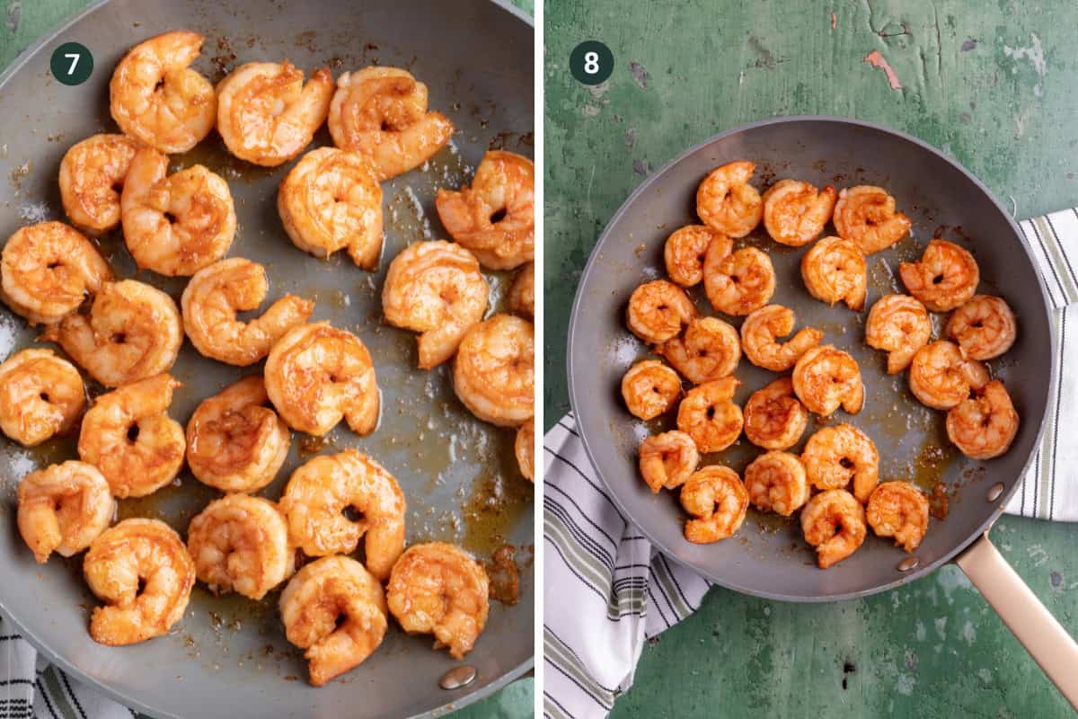 Two images show shrimp cooking in a skillet for a shrimp rice bowl. The shrimp, coated in reddish seasoning, are arranged in a single layer. The skillet rests on a green surface with a striped towel nearby. Numbers 7 and 8 label each image.