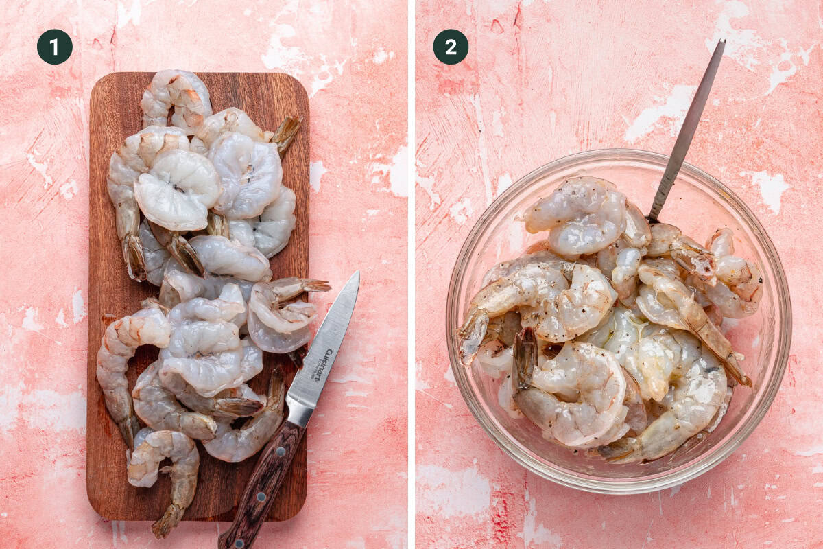 Left: Raw, peeled shrimp and a knife on a wooden cutting board. Right: Shrimp oreganata seasoned with pepper in a glass bowl with a spoon, all on a pink textured surface.