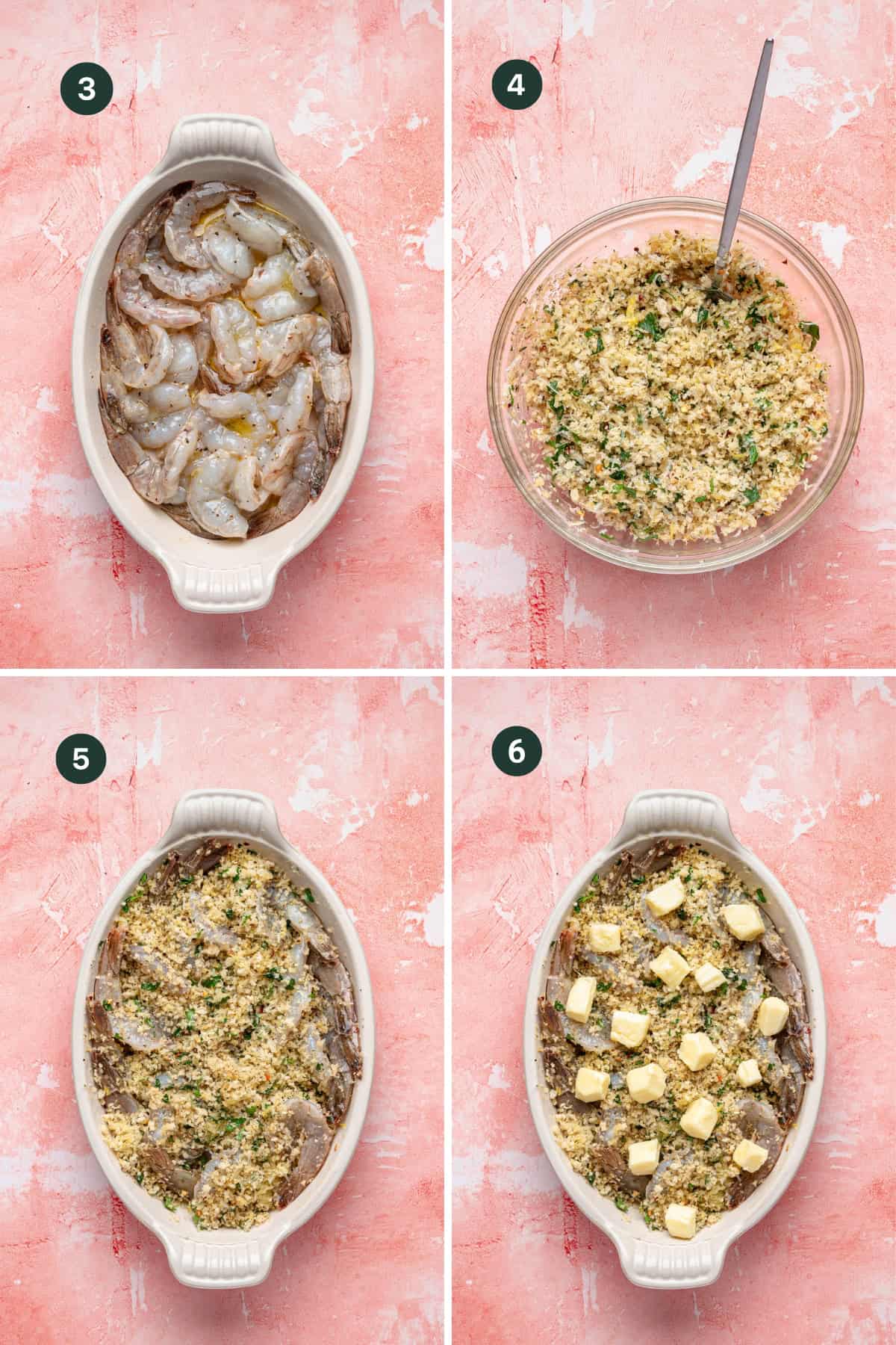 Four-step collage: 1) Raw shrimp oreganata in a baking dish, 2) Breadcrumb mixture in a bowl with spoon, 3) Shrimp topped with breadcrumb mixture, 4) Breadcrumb-topped shrimp dotted with butter. All on pink background.