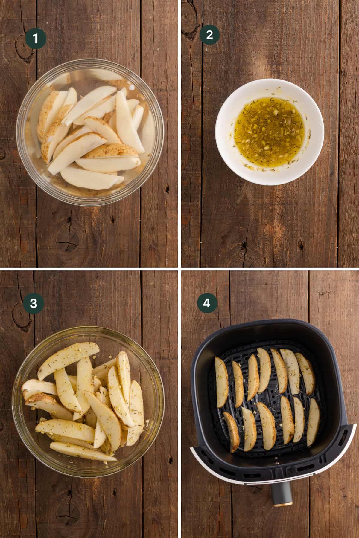 Four-step process for making potato wedges in the air fryer: (1) raw potato wedges, (2) yellow herb seasoning, (3) wedges coated with seasoning, and (4) seasoned potato wedges arranged in the air fryer basket.