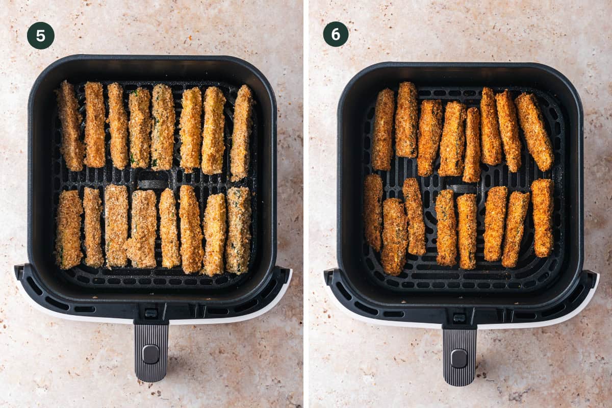 Side-by-side images of air fryer zucchini fries; the left basket shows them uncooked, while the right displays perfectly cooked, golden brown fries. Both baskets rest on a light countertop.