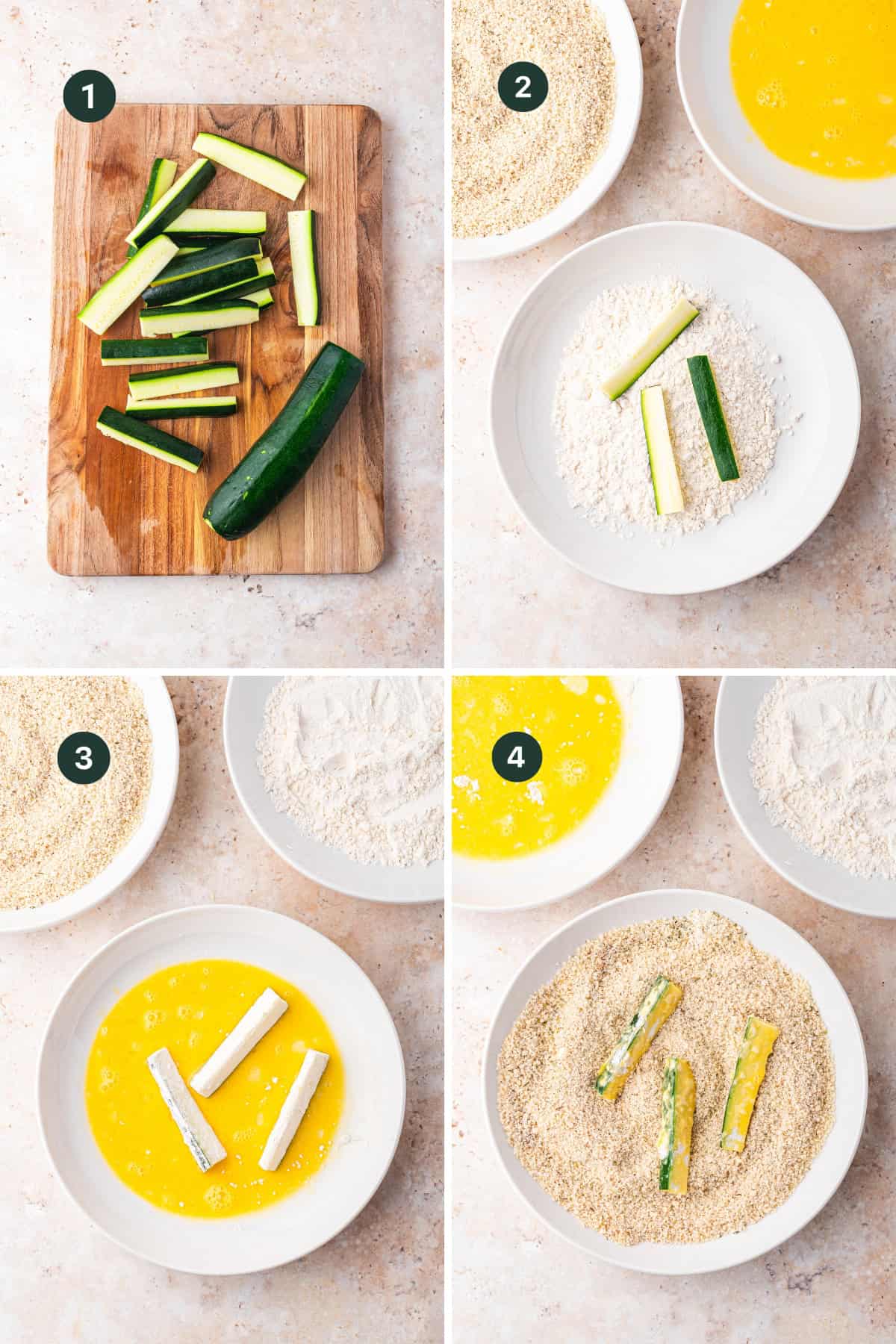 Four-step process to make air fryer zucchini fries: 1. Slice zucchini on a cutting board. 2. Dip sticks in flour. 3. Coat in beaten egg. 4. Cover with breadcrumbs before air frying for crispy results.