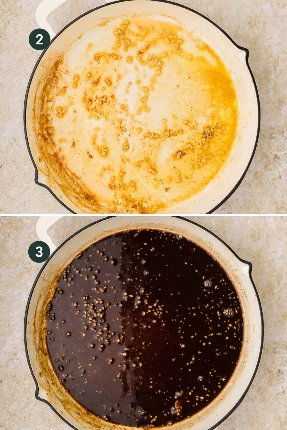 Split image of a white pan: the top shows light brown, bubbling sauce residue; the bottom highlights a glossy balsamic chicken recipe sauce with visible garlic bits. Each section is labeled 2 and 3.