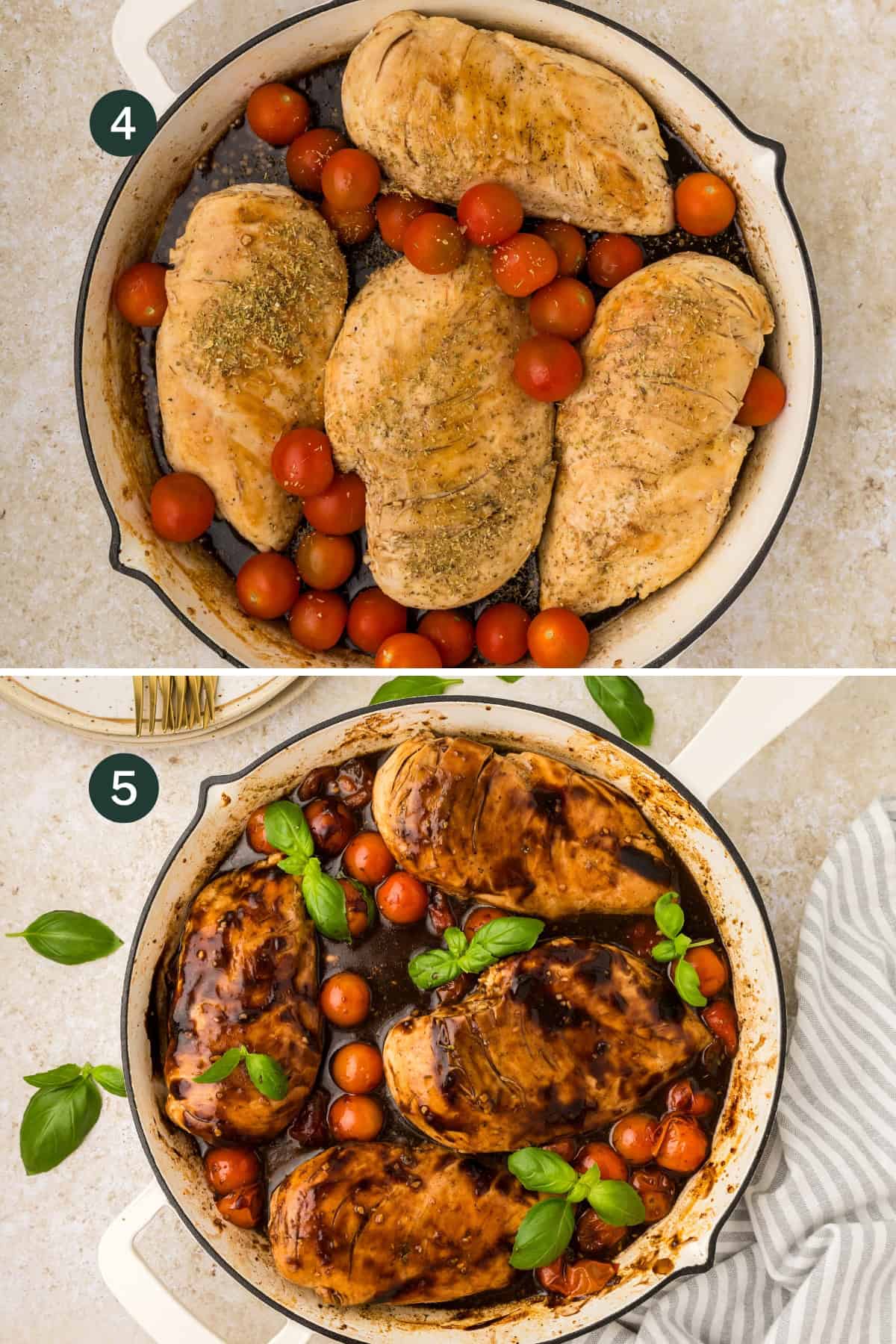 Top: Uncooked balsamic chicken breasts seasoned with herbs and surrounded by cherry tomatoes in a skillet. Bottom: Cooked, browned chicken with roasted cherry tomatoes, garnished with fresh basilโa balsamic chicken recipe made easy.