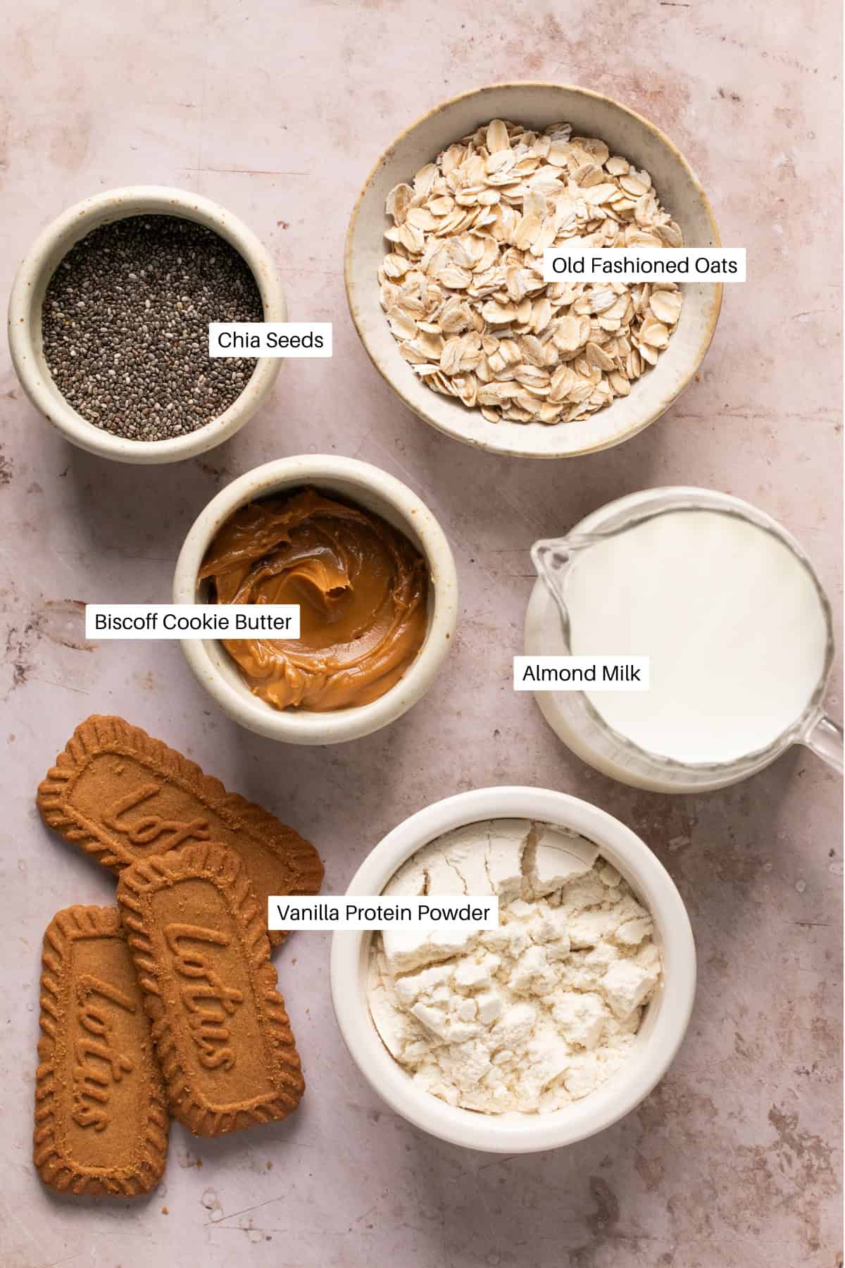 Five labeled bowls and ingredients are arranged on a pink surface for biscoff overnight oats: chia seeds, old fashioned oats, Biscoff cookie butter, almond milk in a measuring cup, vanilla protein powder, and three Lotus Biscoff cookies.