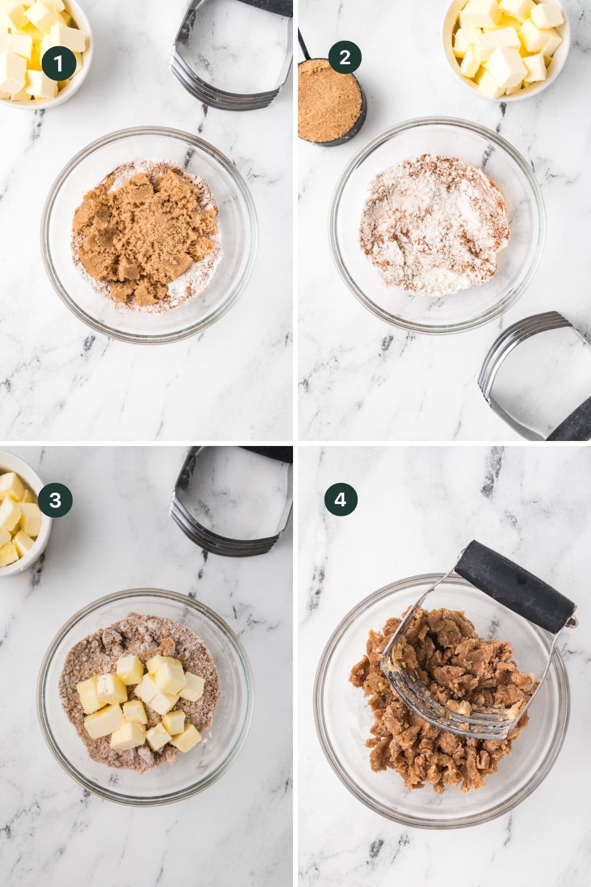 Step-by-step collage for making a crumble topping for Coffee Cake Muffins: mixing brown sugar and flour, then adding cubed butter and combining with a pastry cutter until crumbly. Ingredients and utensils are arranged on a marble surface.
