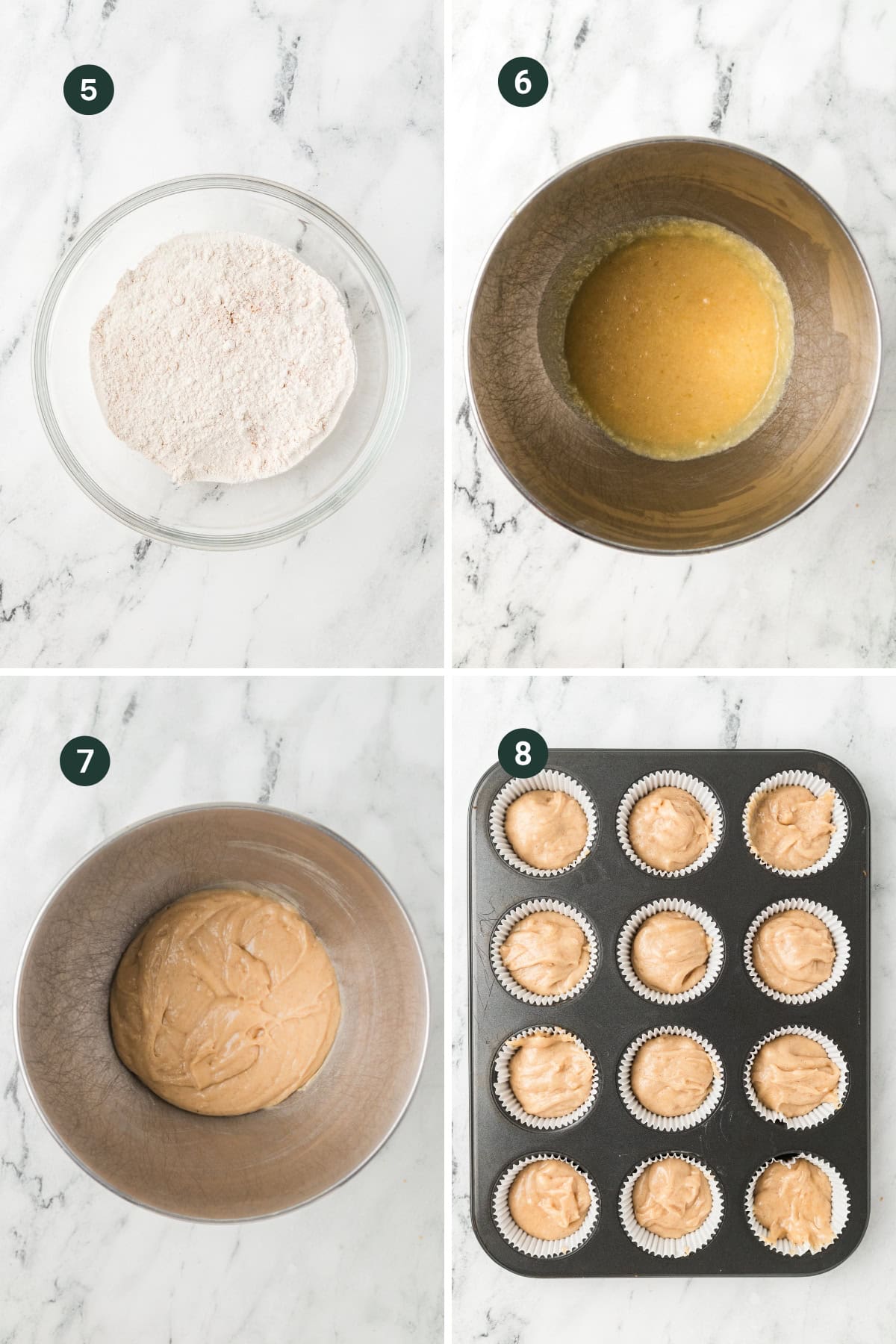Four images showing steps of baking Coffee Cake Muffins: 1) A glass bowl with dry ingredients, 2) A metal bowl with a liquid mixture, 3) Batter mixed in a metal bowl, 4) Muffin tin filled with batter in paper liners, ready to bake.