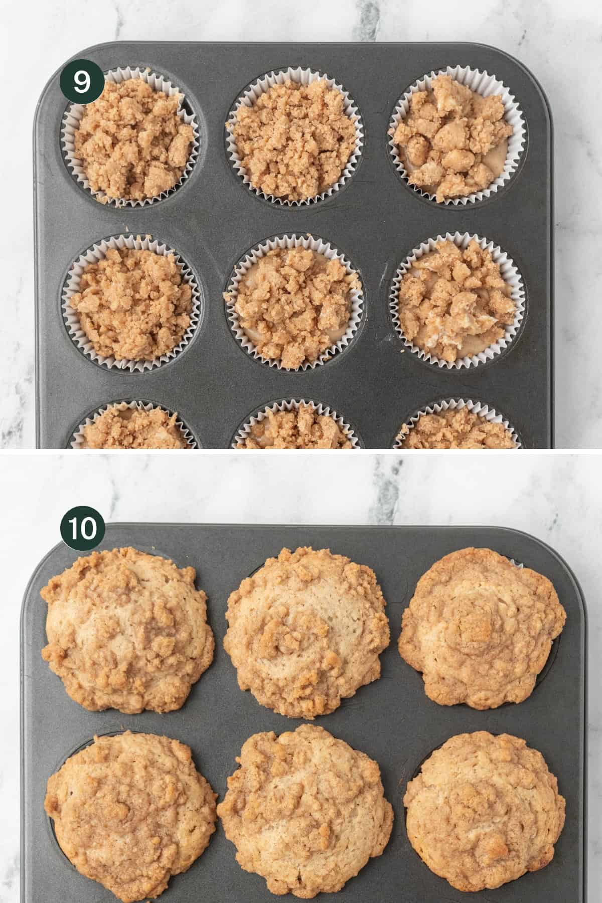 Two images: the top shows a muffin tin with unbaked Coffee Cake Muffins topped with crumbly streusel, while the bottom shows the same pan baked, with golden, risen muffins.