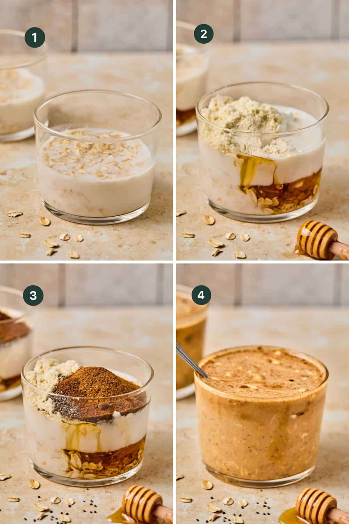Four-step process for coffee overnight oats: 1) Oats, milk, and coffee in a glass, 2) Protein powder and honey added, 3) Cinnamon and yogurt added, 4) All ingredients mixed into a creamy blend with a spoon.