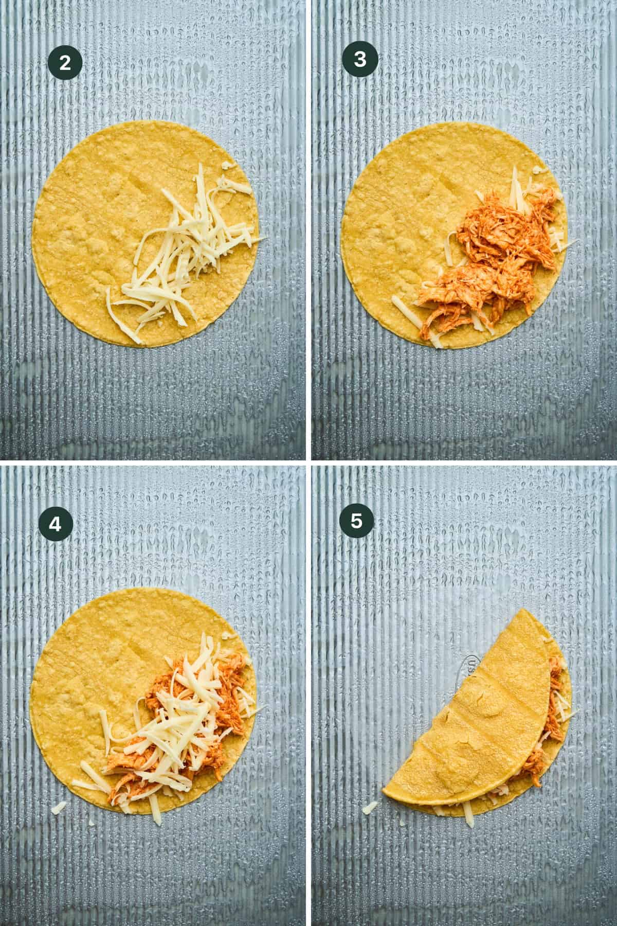 Four-panel image showing steps to assemble a quesadilla: cheese on a tortilla (panel 1), shredded chicken and cheese (panels 2 and 3), and the tortilla folded in half over the filling—great for fans of crispy chicken tacos.