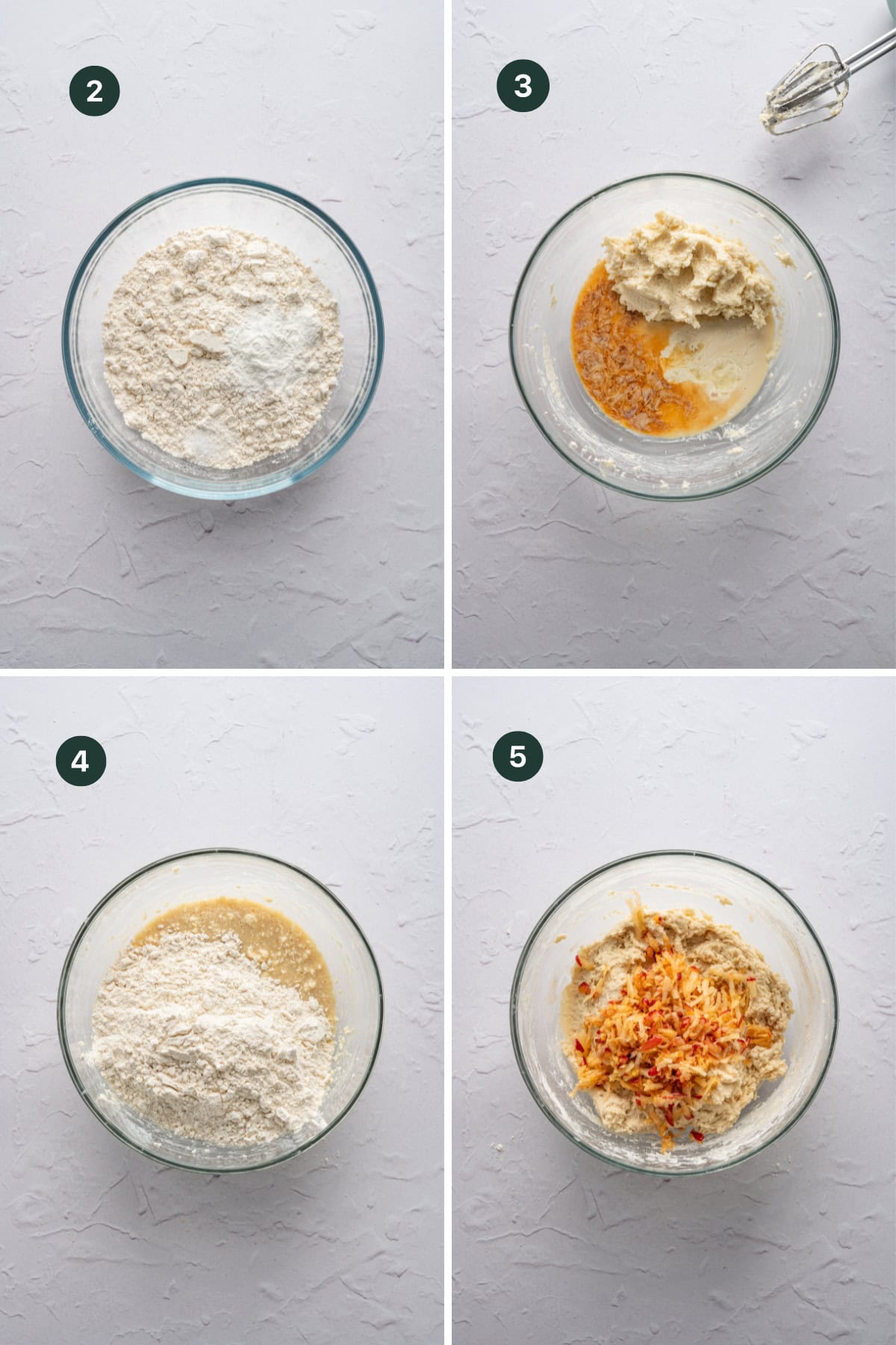 Four numbered images showing steps in mixing ingredients for a German Apple Cake Recipe: step 2 has dry flour mixture, step 3 adds wet ingredients, step 4 shows partly combined batter, and step 5 adds shredded carrots.